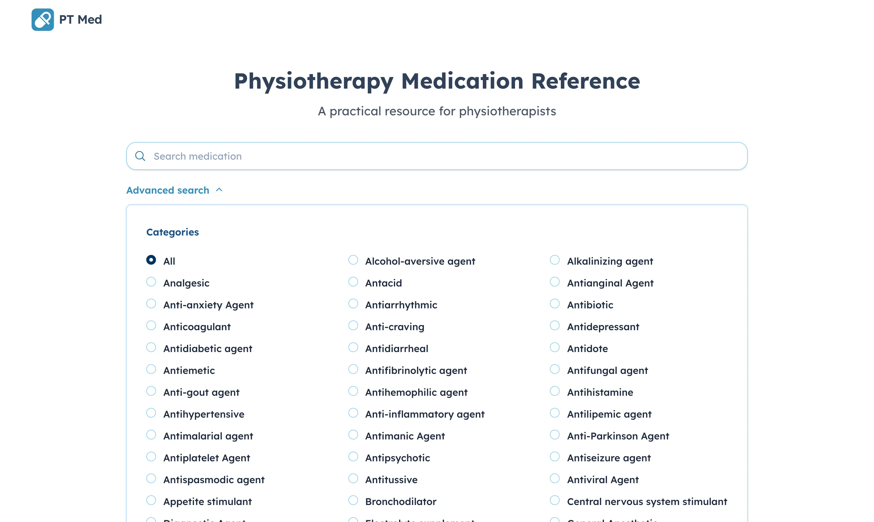 The advanced search panel expanded under the search box, listing medication categories as radio options