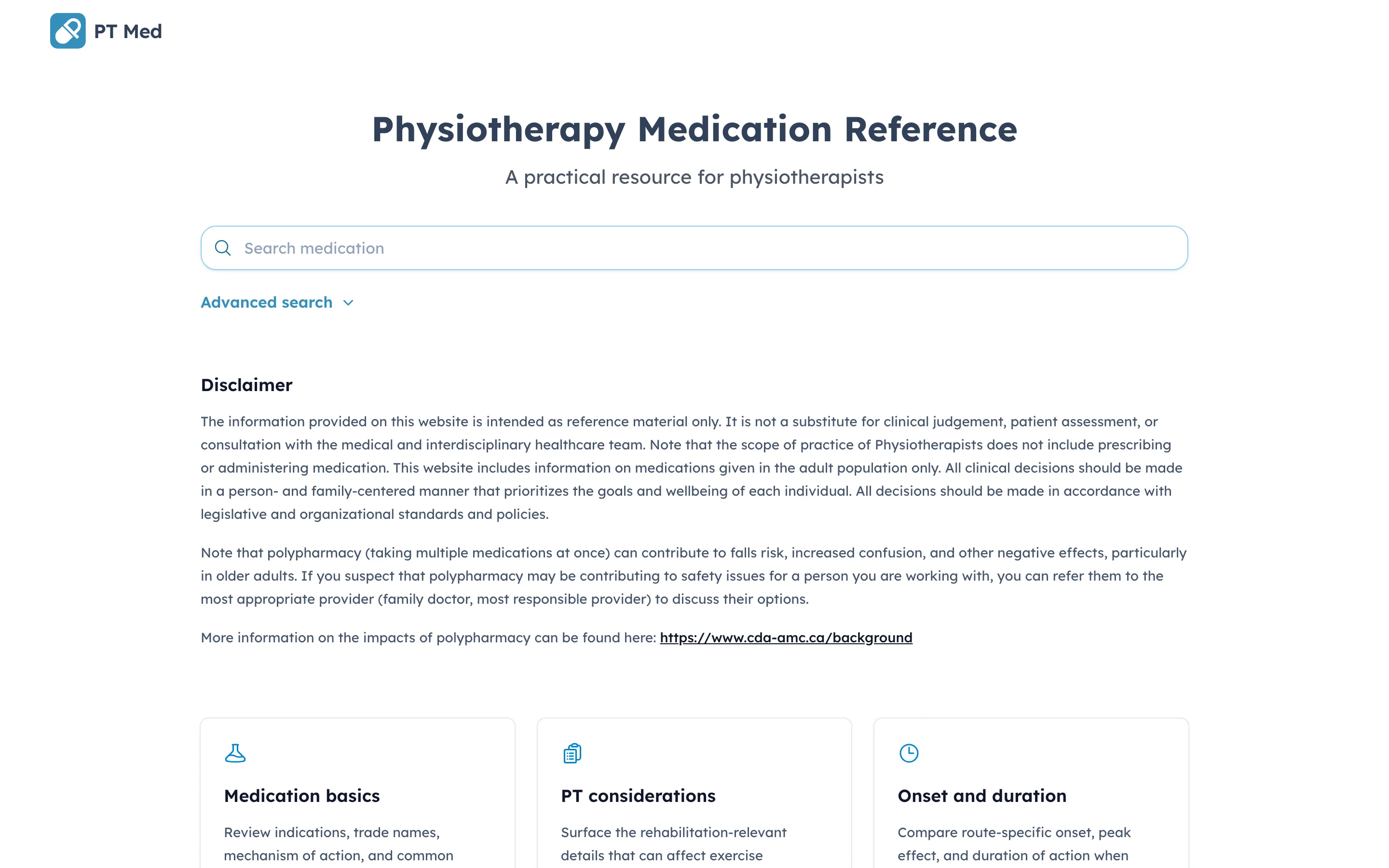 The PT Med homepage, with a large medication search box, an advanced search toggle, a clinical disclaimer, and three feature cards