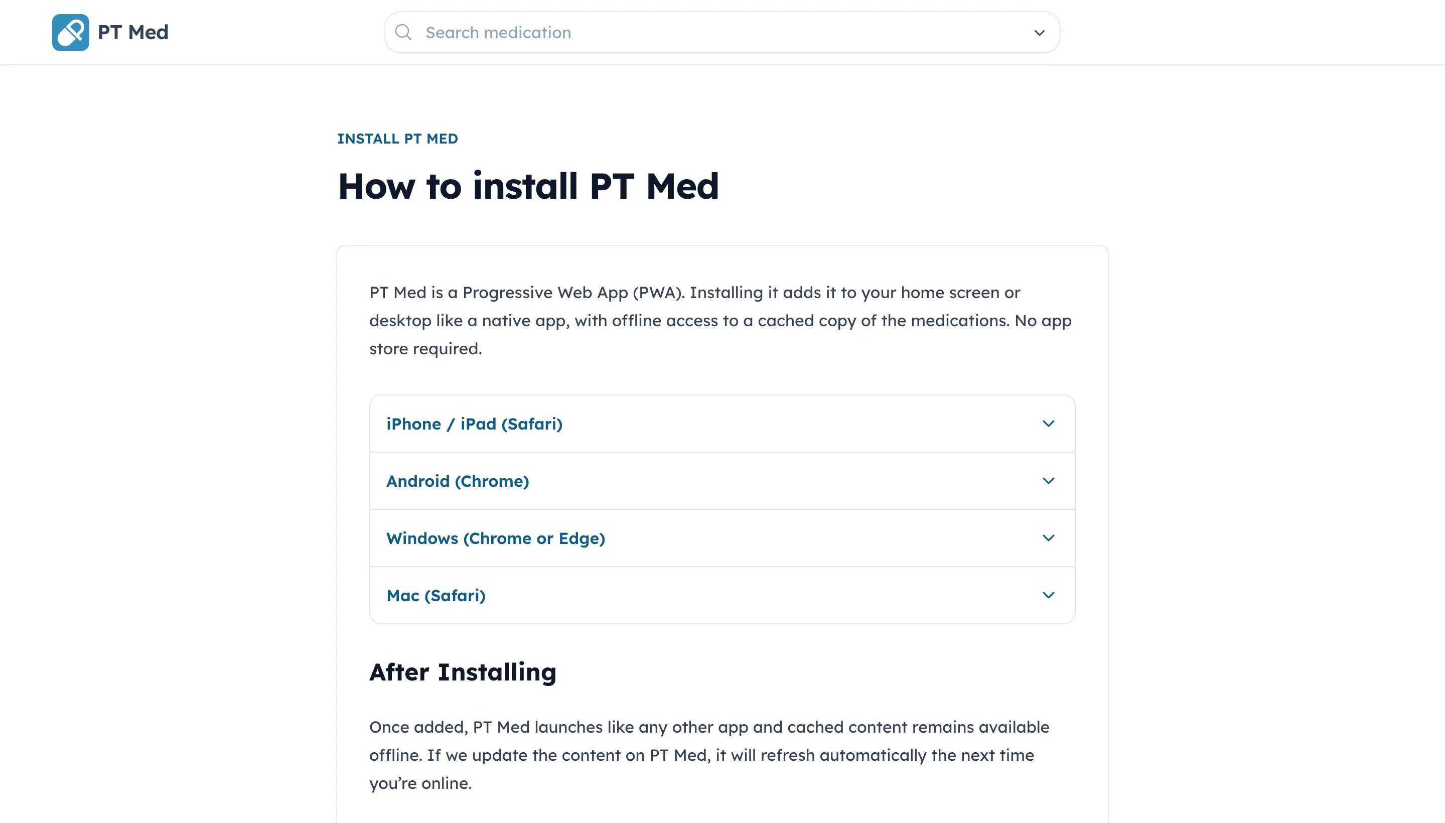 The PT Med install page with instructions for iPhone, Android, Windows, and Mac