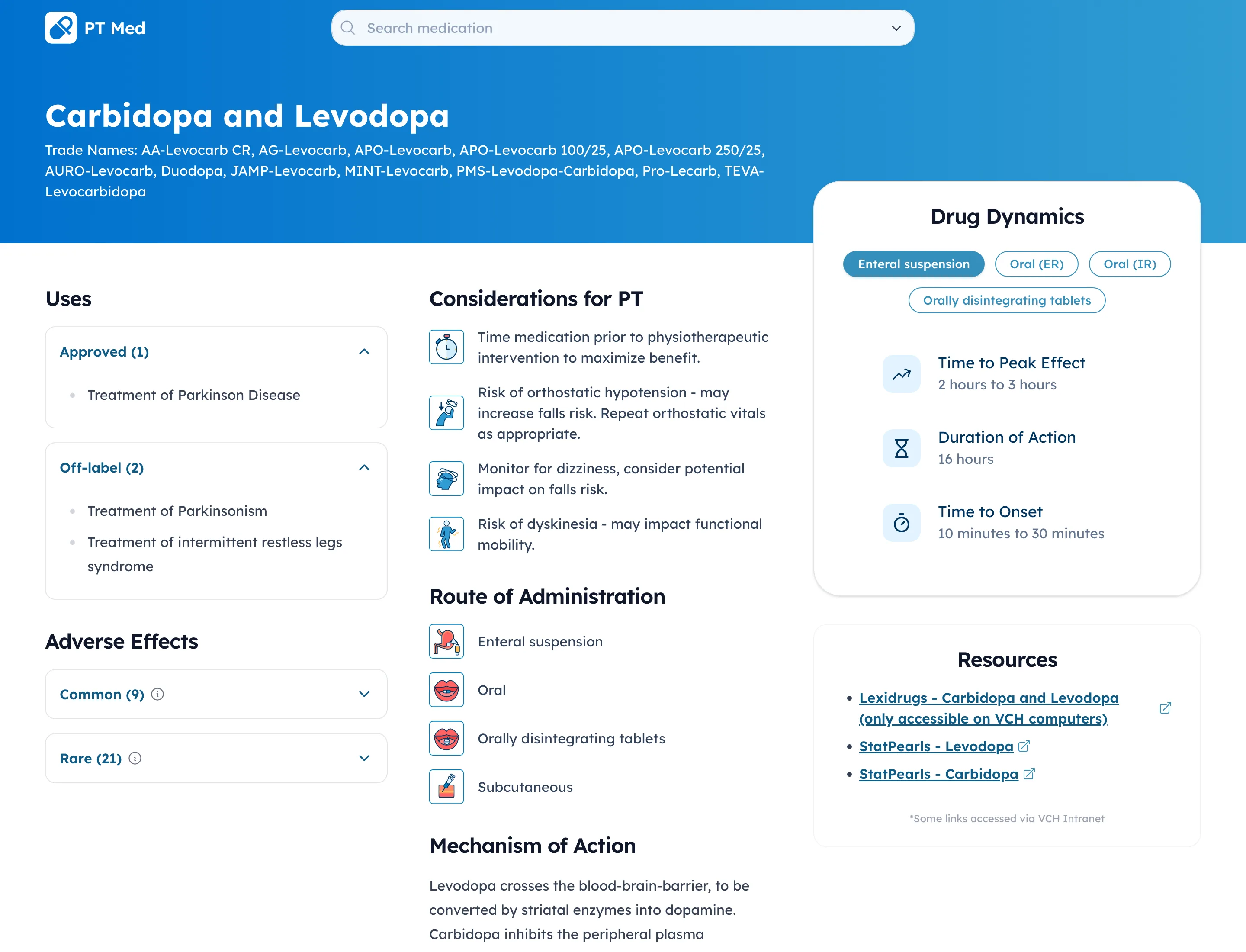 The Carbidopa and Levodopa medication page, showing uses, adverse effects, PT considerations with icons, routes of administration, and a Drug Dynamics card with route tabs