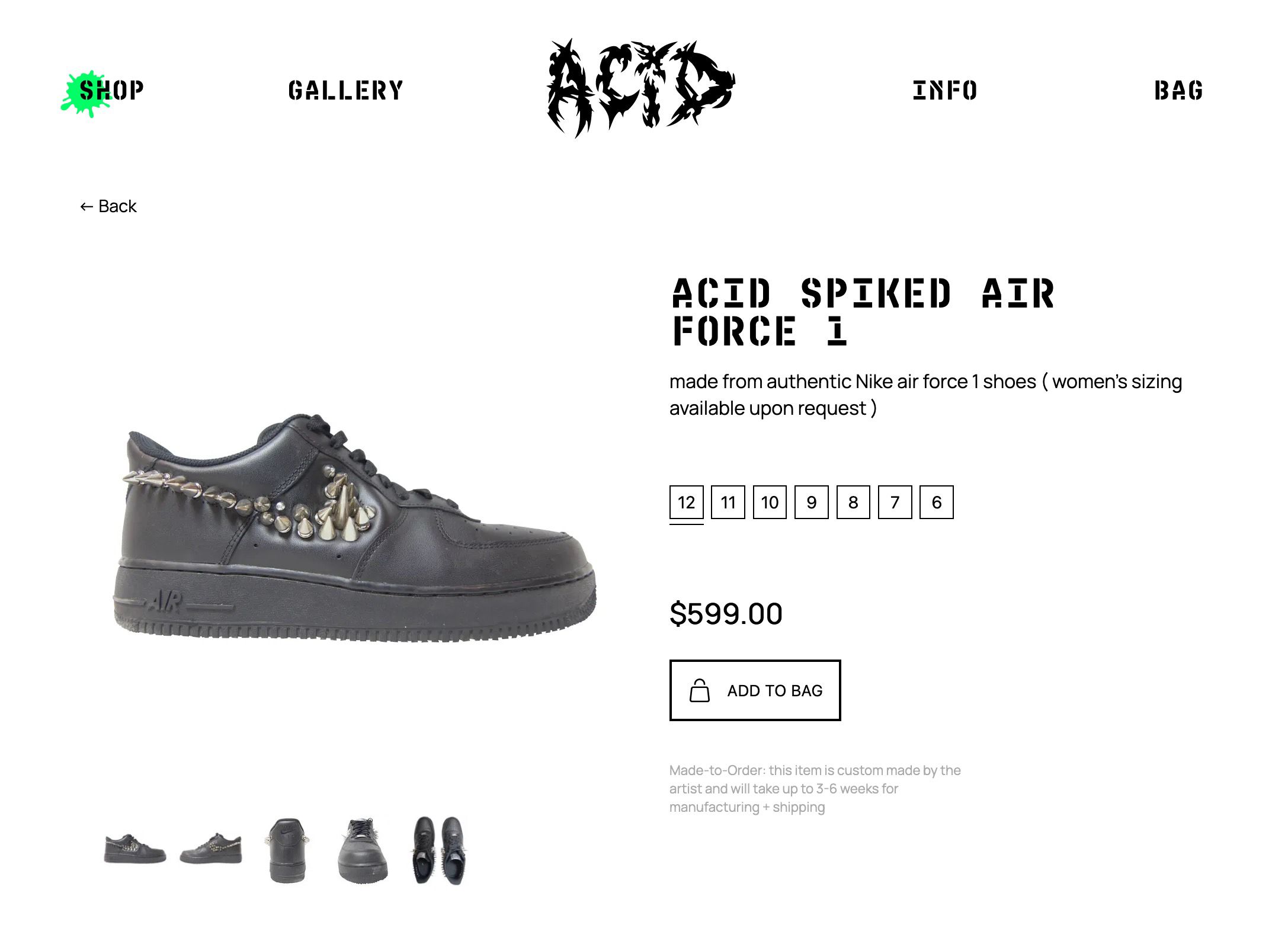 ACiD product page for the Spiked Air Force 1, showing the shoe, size options, price and an Add to Bag button