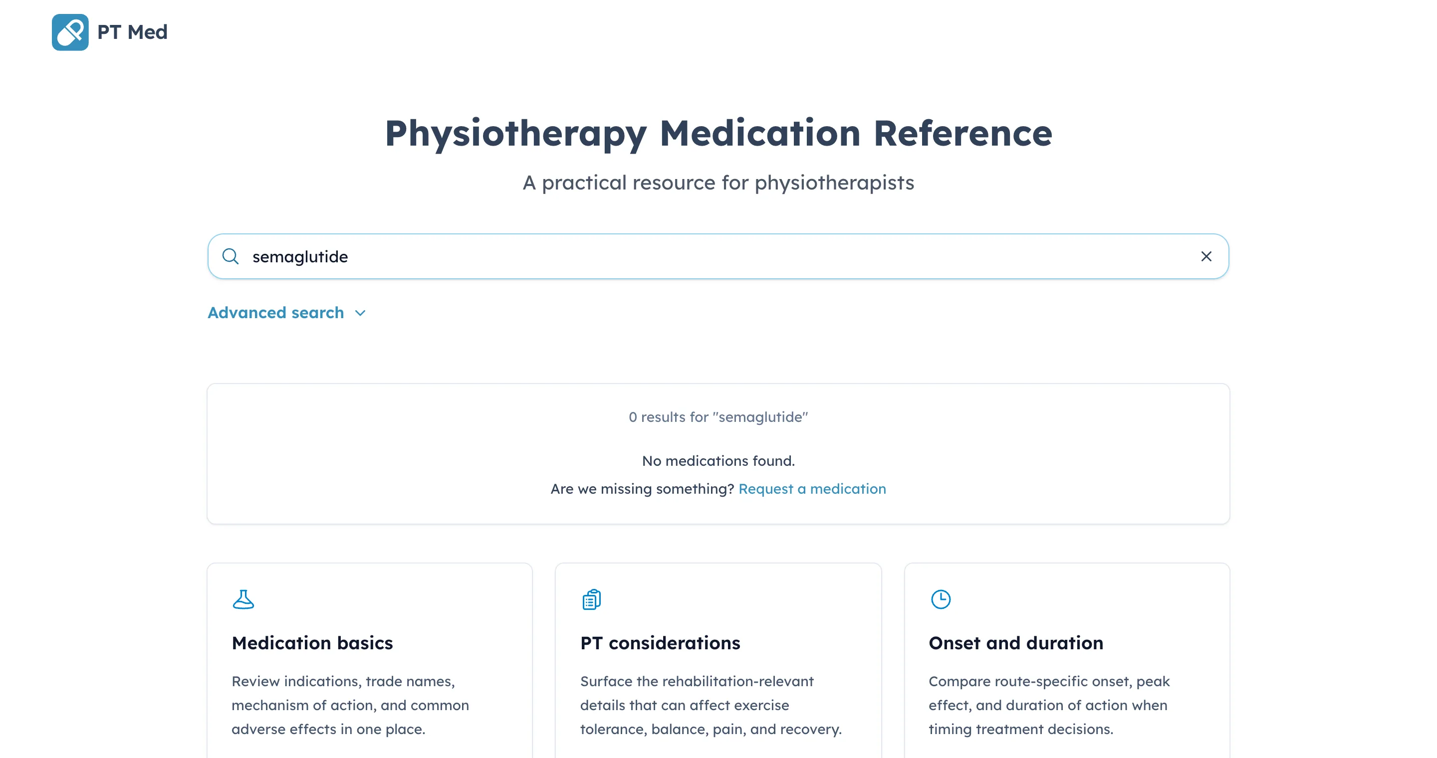 Searching 'semaglutide' shows no results and a prompt to request the medication