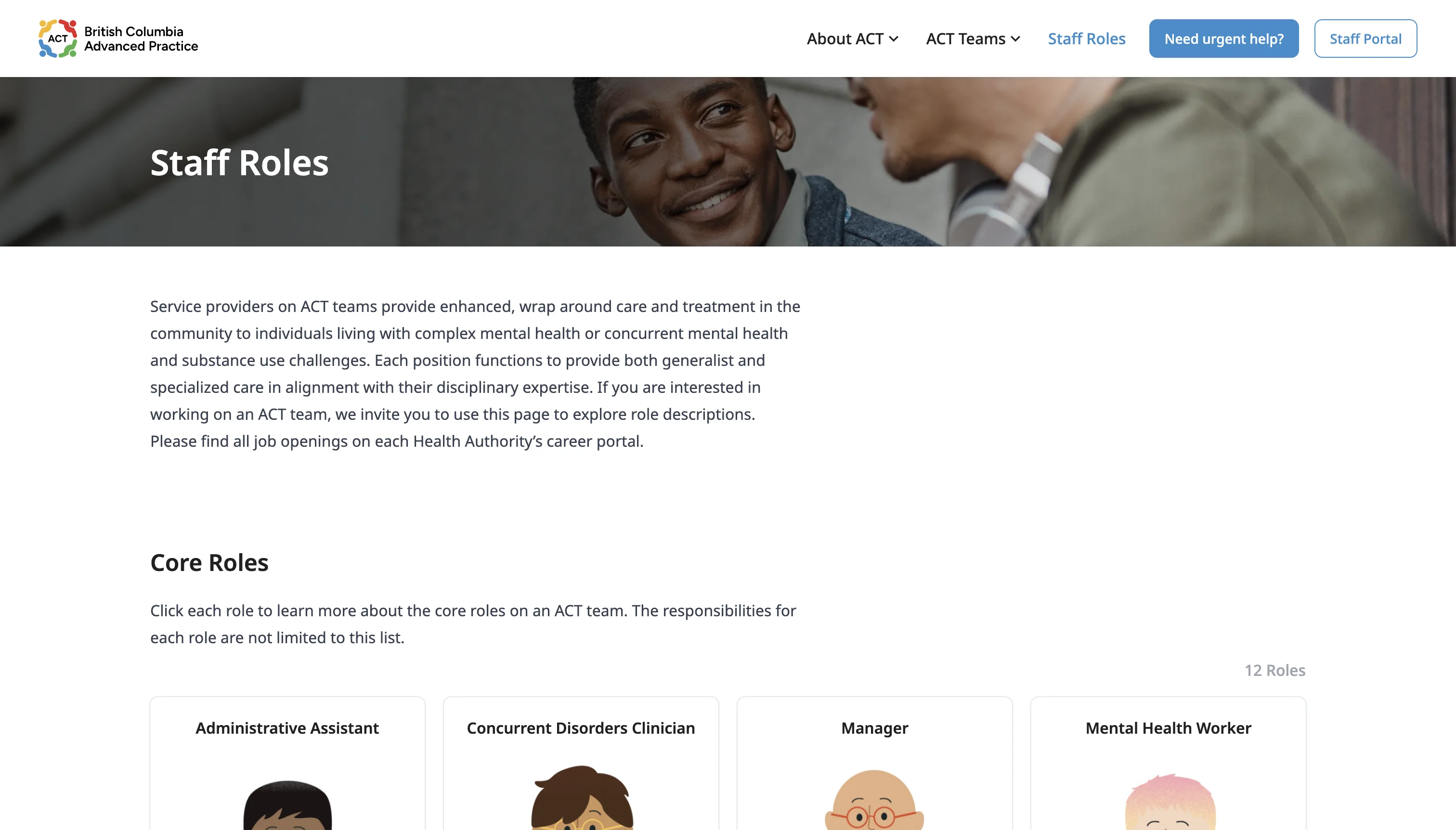 The ACT-AP Staff Roles page, with an introduction to ACT team roles and a grid of illustrated role cards such as Administrative Assistant, Concurrent Disorders Clinician, Manager, and Mental Health Worker