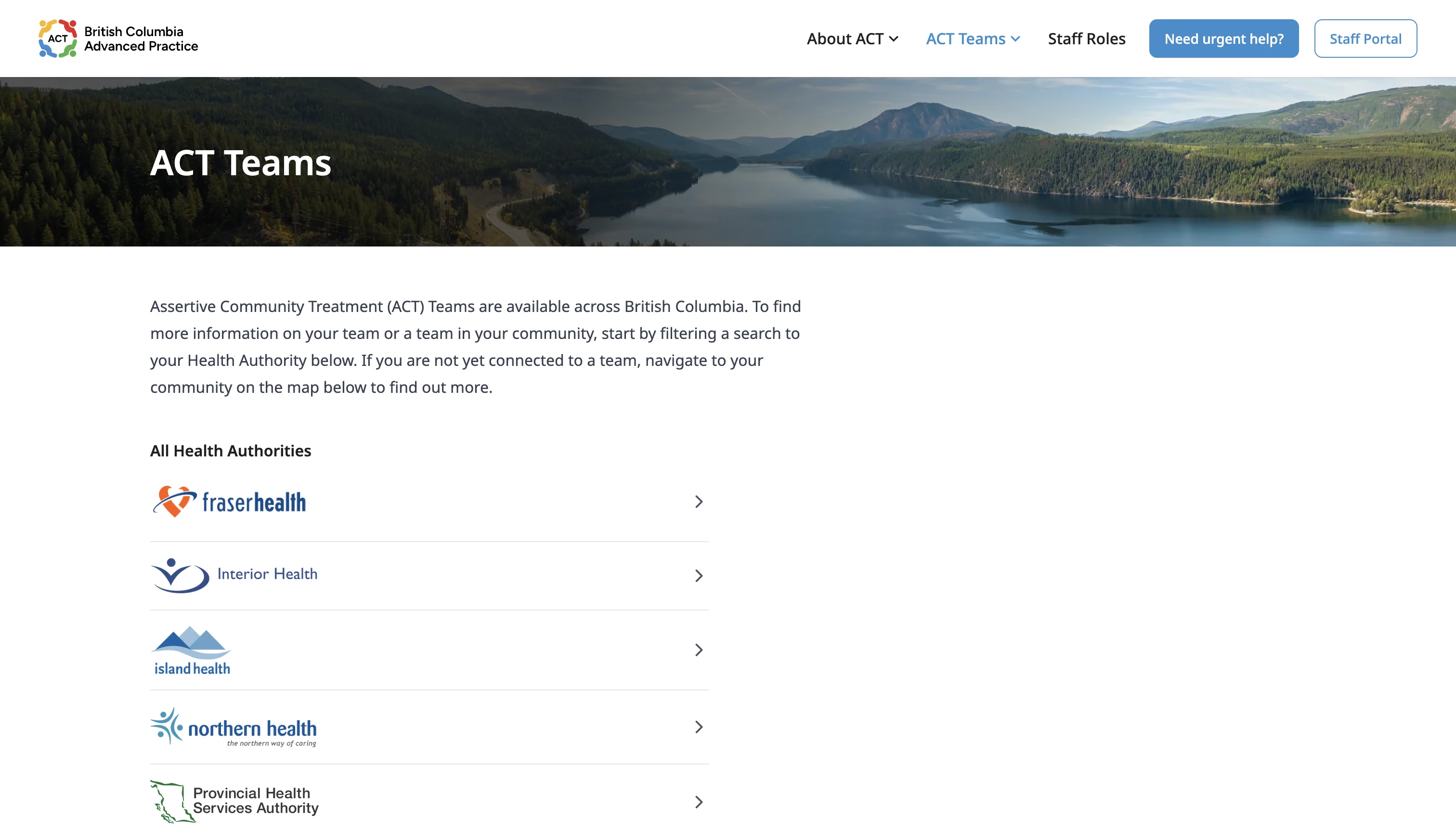 The ACT-AP Teams page, introducing ACT teams across British Columbia and listing health authorities to filter by, including Fraser Health, Interior Health, Island Health, Northern Health, and the Provincial Health Services Authority